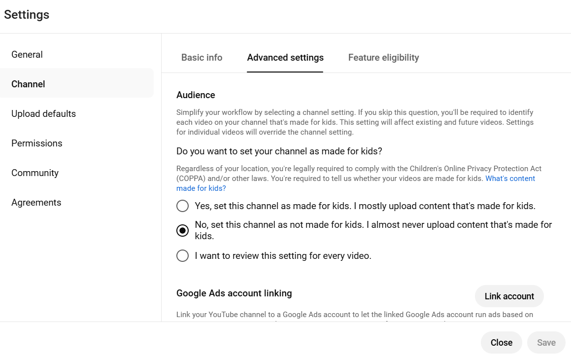 Determine whether your content is child-specific. Setting this correctly helps optimize your ads and target audience.