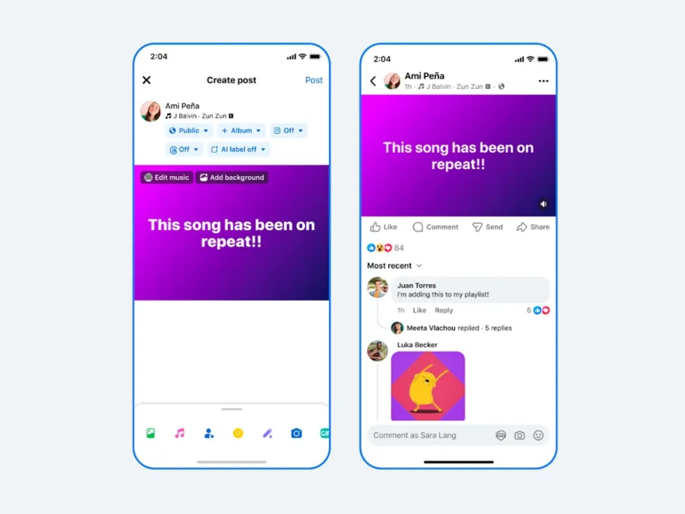 Facebook, kullanıcıların metin gönderilerine müzik eklemesine ve belirli sanatçılar için yeni temalı arka planlar kullanmasına olanak tanıyan yeni bir müzik paylaşım seçeneğini kullanıma sundu. 